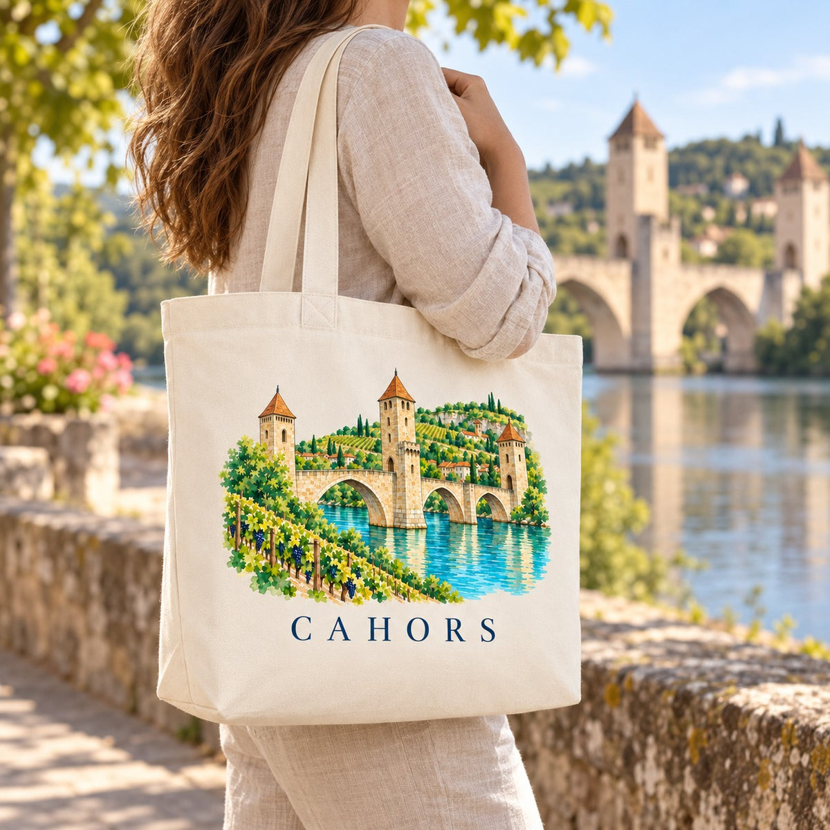 Tote bag Cahors Premium porté à l'épaule sur les quais du Lot, pont Valentré en arrière-plan