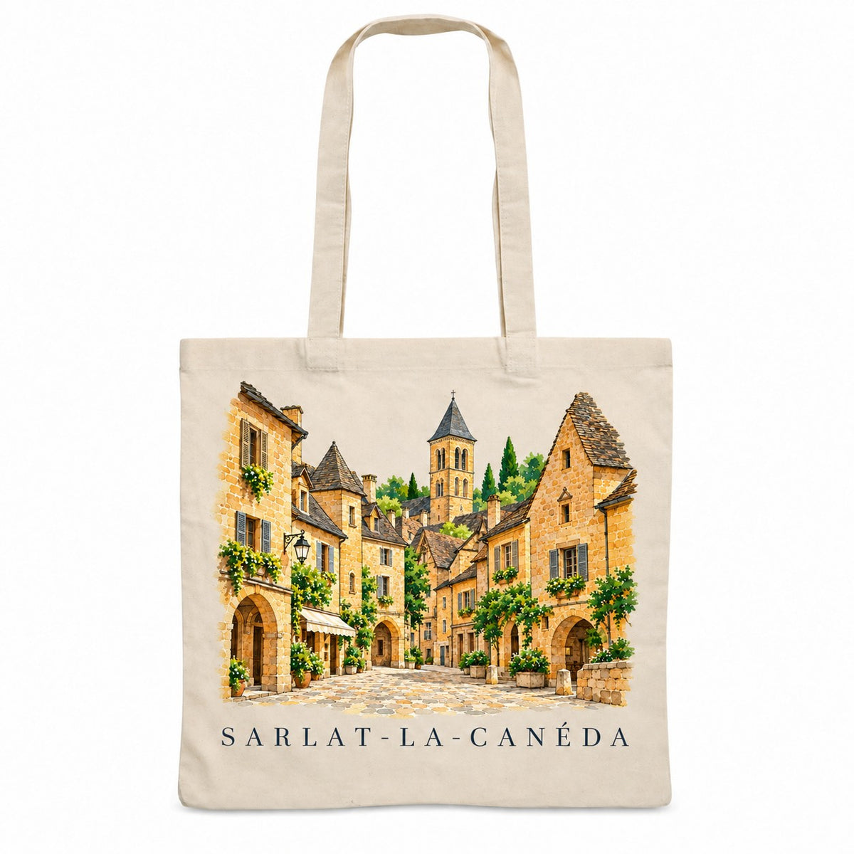 Tote bag Sarlat-la-Canéda Essentiel, sac plat en coton naturel 140 g/m² de 38 × 42 cm, illustration aquarelle de la cité médiévale en pierre dorée et de ses toits de lauzes