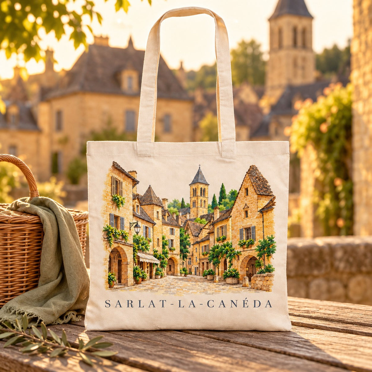 Tote bag Sarlat-la-Canéda Essentiel posé sur une table de bois au soleil couchant, à côté d'un panier et d'un plaid