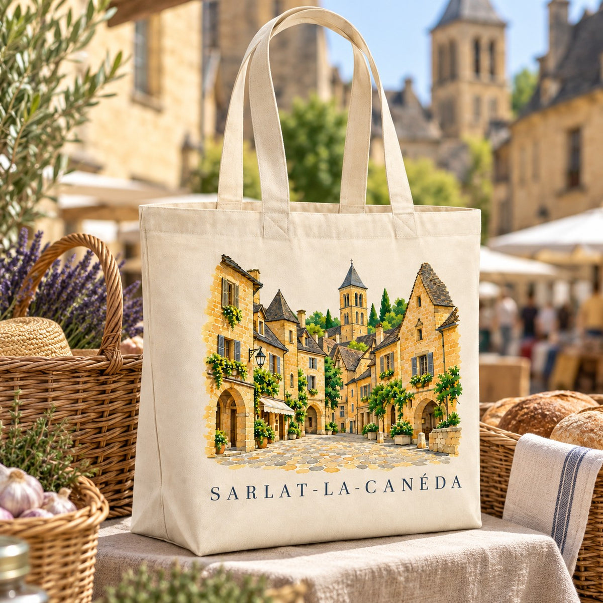 Tote bag Sarlat-la-Canéda Premium posé sur un étal de marché, entre un panier de lavande et des paniers en osier