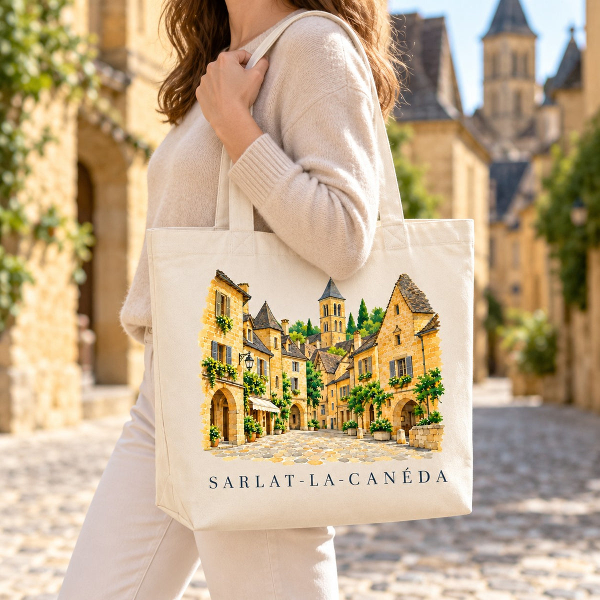 Tote bag Sarlat-la-Canéda Premium porté à l'épaule dans une ruelle pavée de pierre dorée