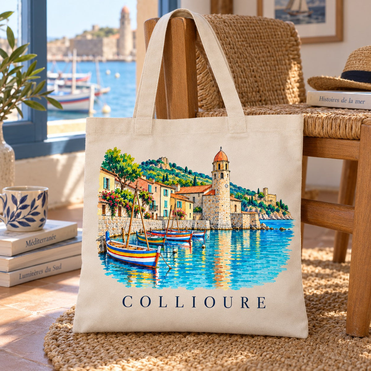 Tote bag Collioure Essentiel suspendu à une chaise près d'une fenêtre ouverte sur le port, à côté d'une pile de livres