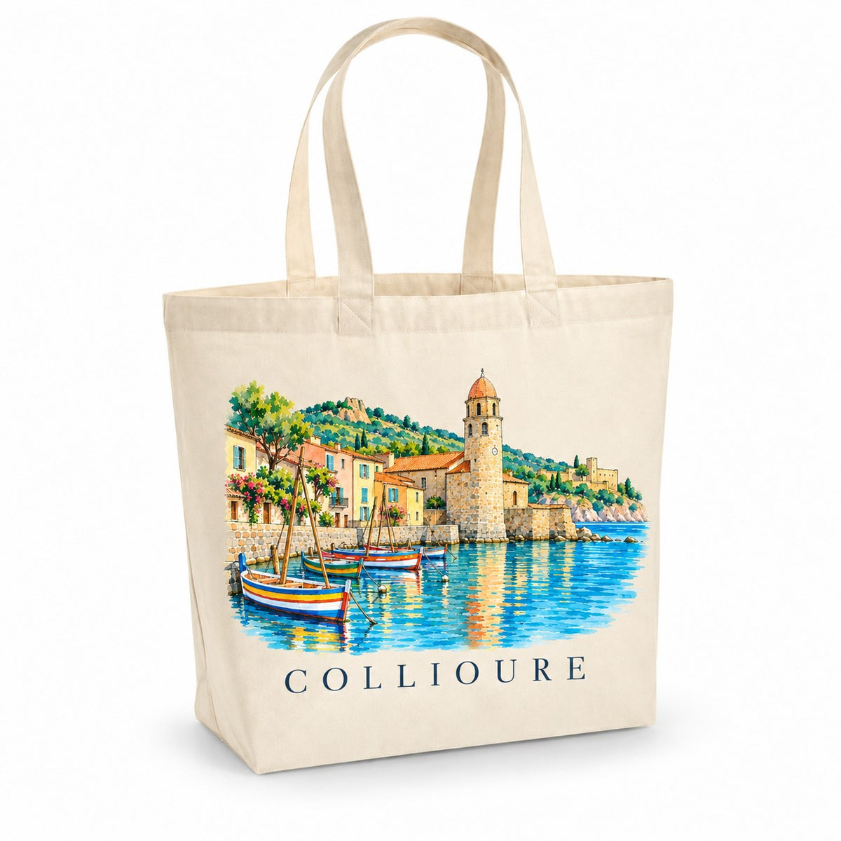 Tote bag Collioure Premium, cabas à soufflet en coton naturel 200 g/m² de 18 litres, illustration aquarelle du clocher au bord de l'eau et des barques catalanes