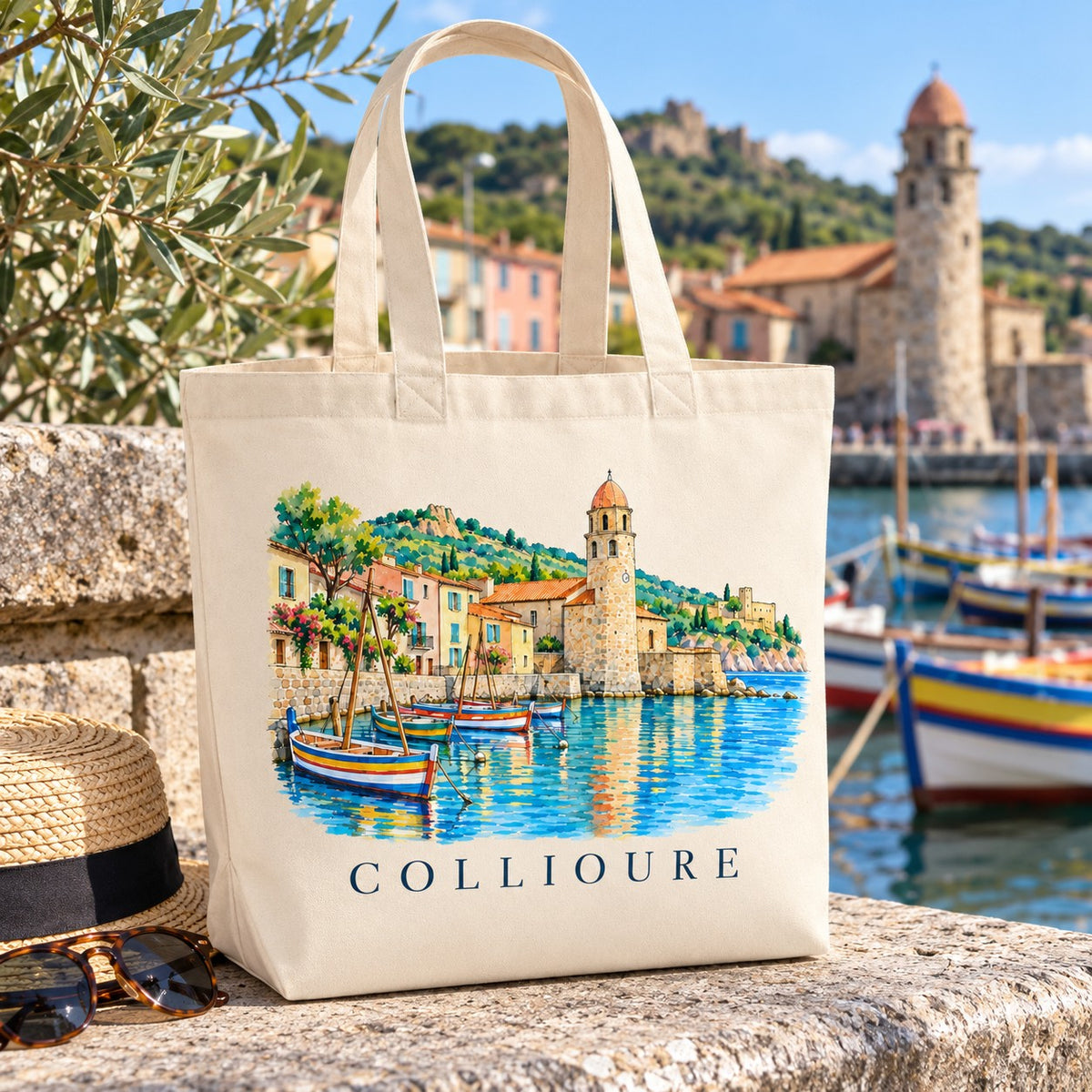 Tote bag Collioure Premium posé sur un muret de pierre face au port, avec un chapeau de paille et des lunettes de soleil