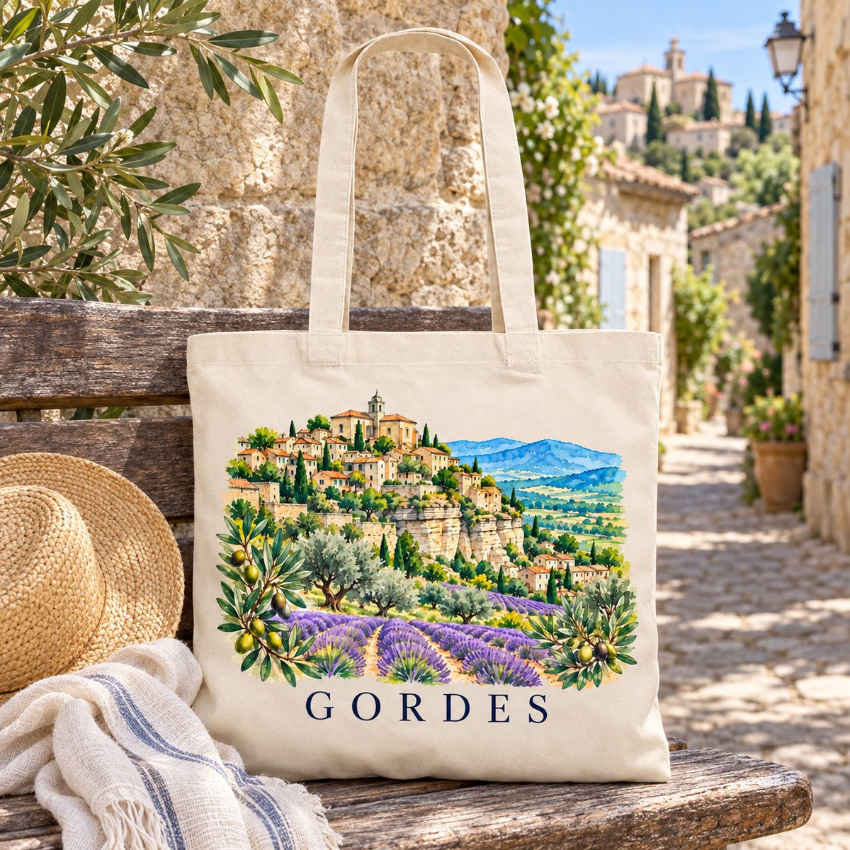Tote bag Gordes Essentiel posé sur un banc de pierre, avec un chapeau de paille et une serviette rayée