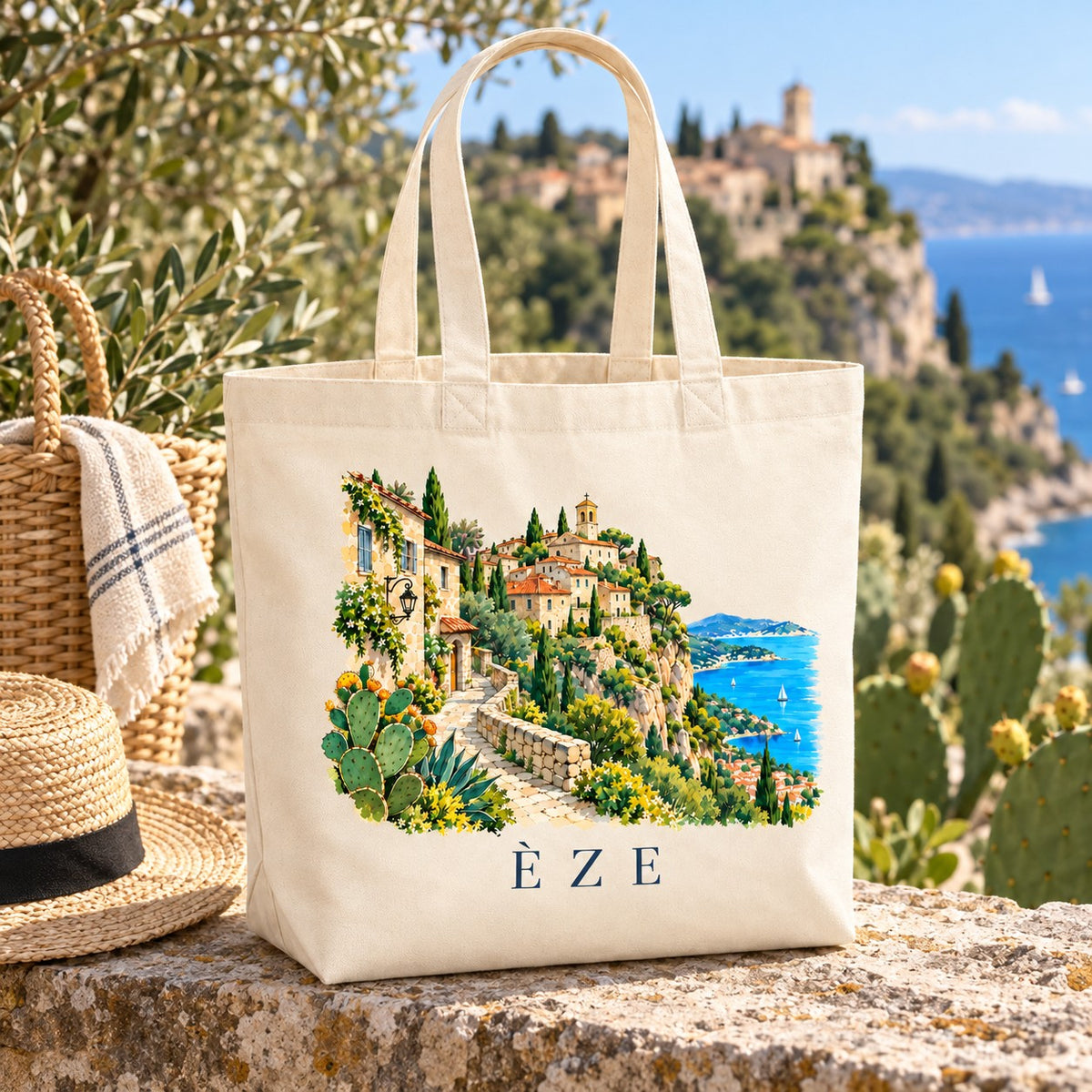 Tote bag Èze Premium posé sur un muret de pierre, à côté d'un panier et d'un chapeau de paille