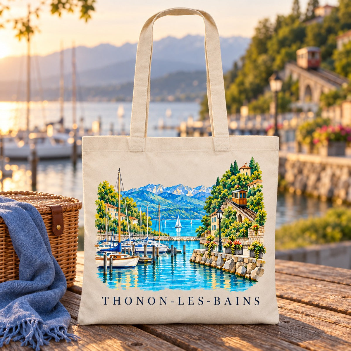 Tote bag Thonon-les-Bains Essentiel posé sur une table de bois face au lac au coucher du soleil, avec un plaid bleu