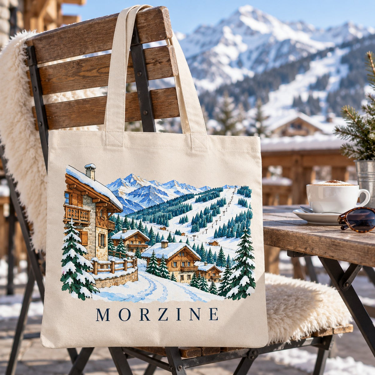 Tote bag Morzine Essentiel suspendu à une chaise couverte d'une peau de mouton en terrasse, avec un café