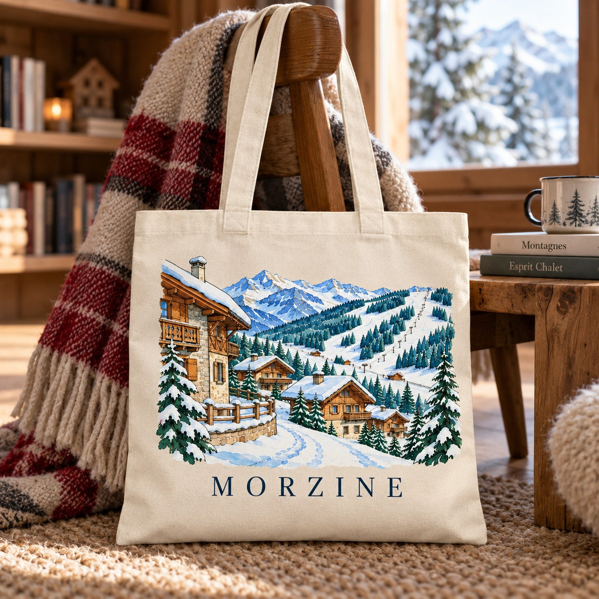 Tote bag Morzine Essentiel suspendu à une chaise dans un chalet, avec un plaid rouge