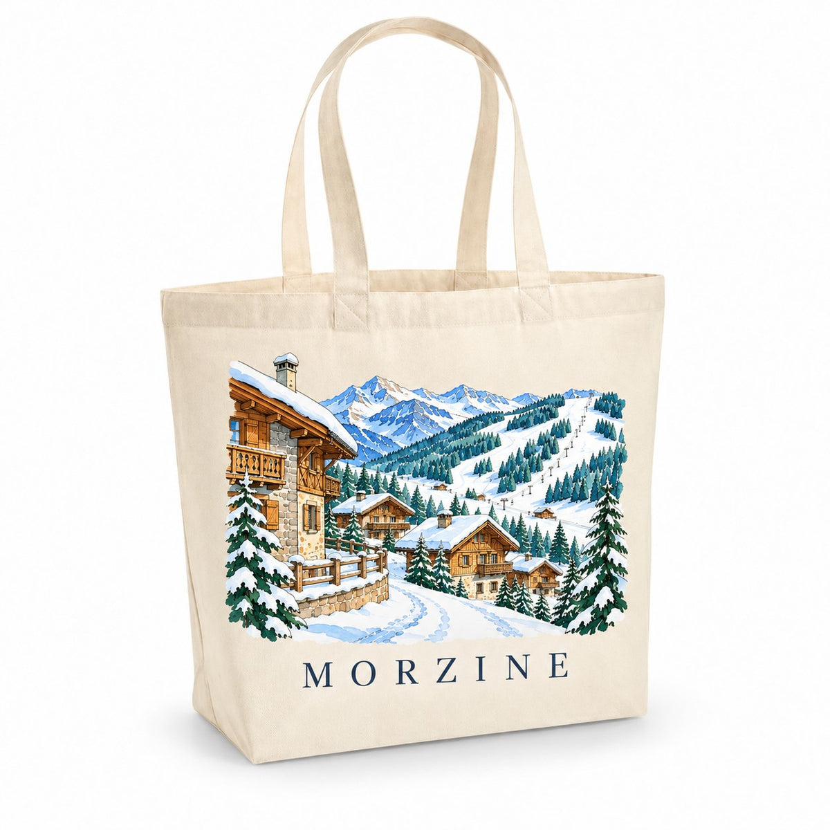 Tote bag Morzine Premium, cabas à soufflet en coton naturel 200 g/m² de 18 litres, illustration aquarelle des chalets, des pistes enneigées et des sapins