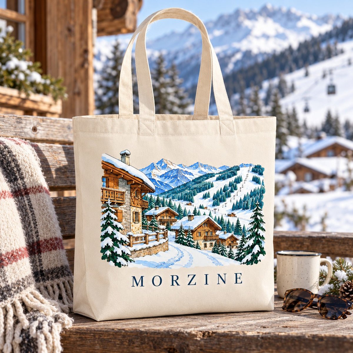 Tote bag Morzine Premium posé sur une table de bois en terrasse enneigée, avec un plaid écossais et un mug