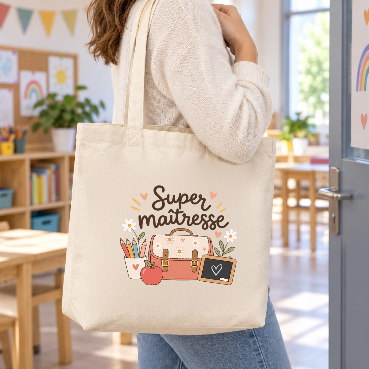 Tote bag maîtresse « Super maîtresse » Premium porté à l'épaule à la porte d'une salle de classe
