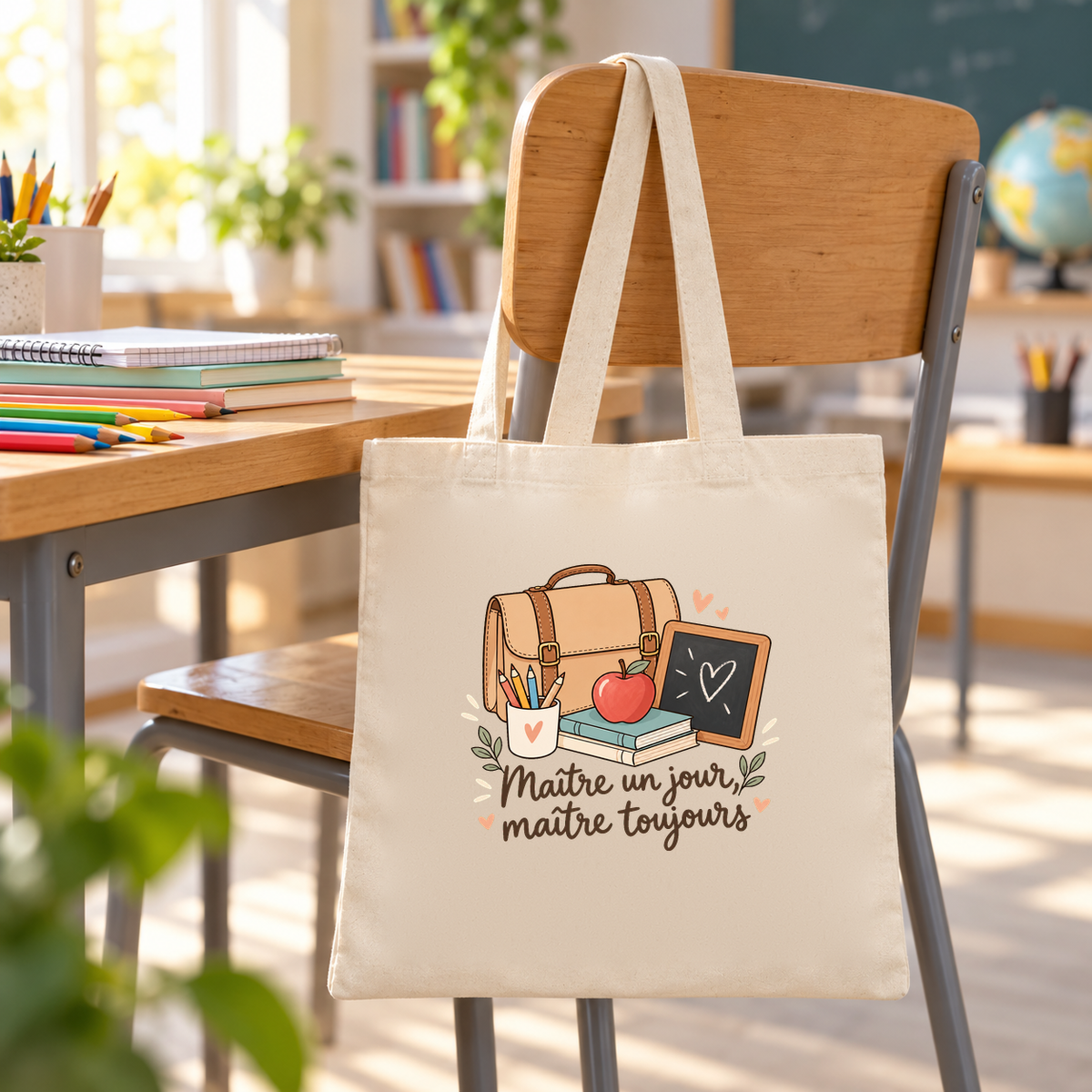 Tote bag maître « Maître un jour, maître toujours » Essentiel suspendu à une chaise d'écolier dans une salle de classe