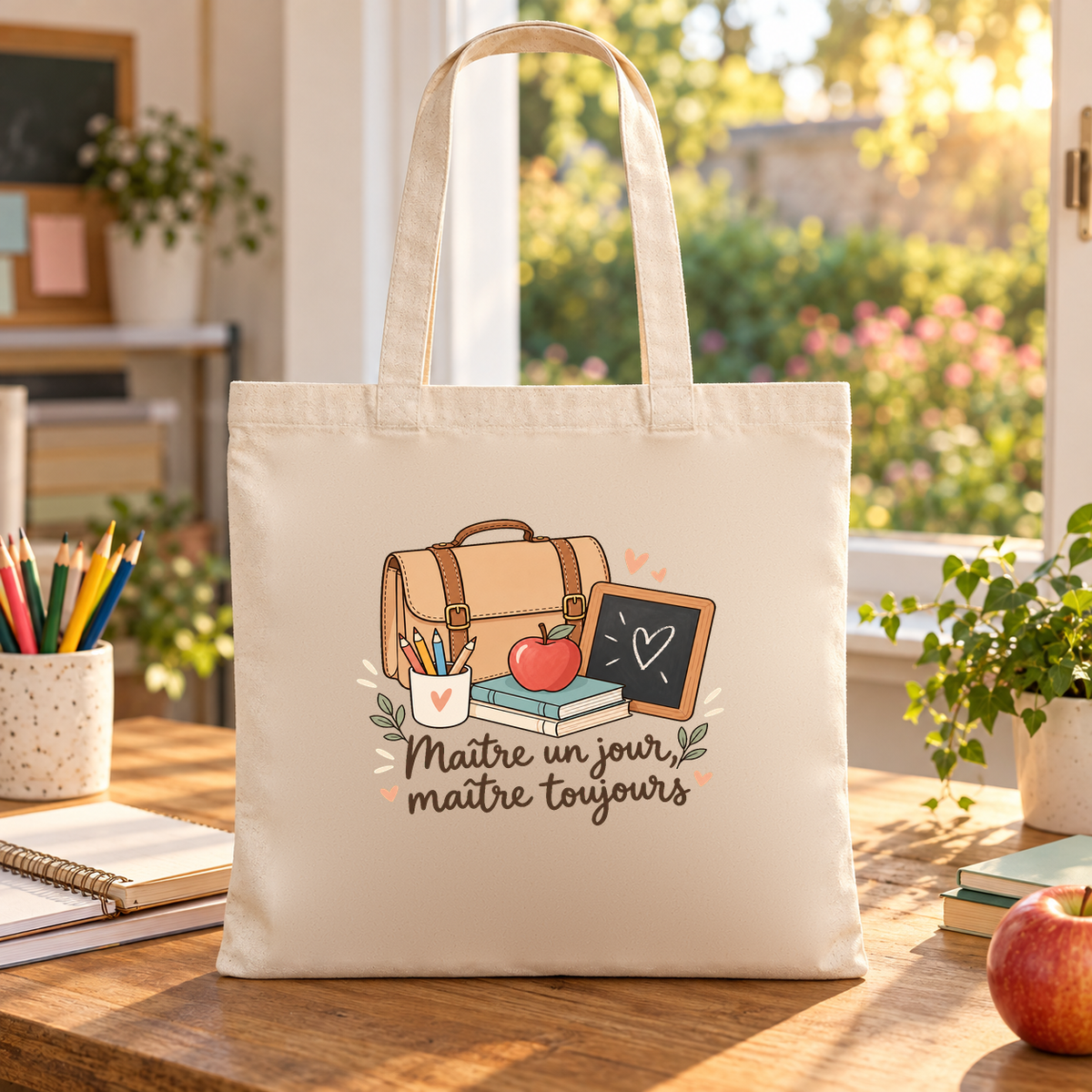 Tote bag maître « Maître un jour, maître toujours » Essentiel posé sur une table de classe près d'une fenêtre ensoleillée
