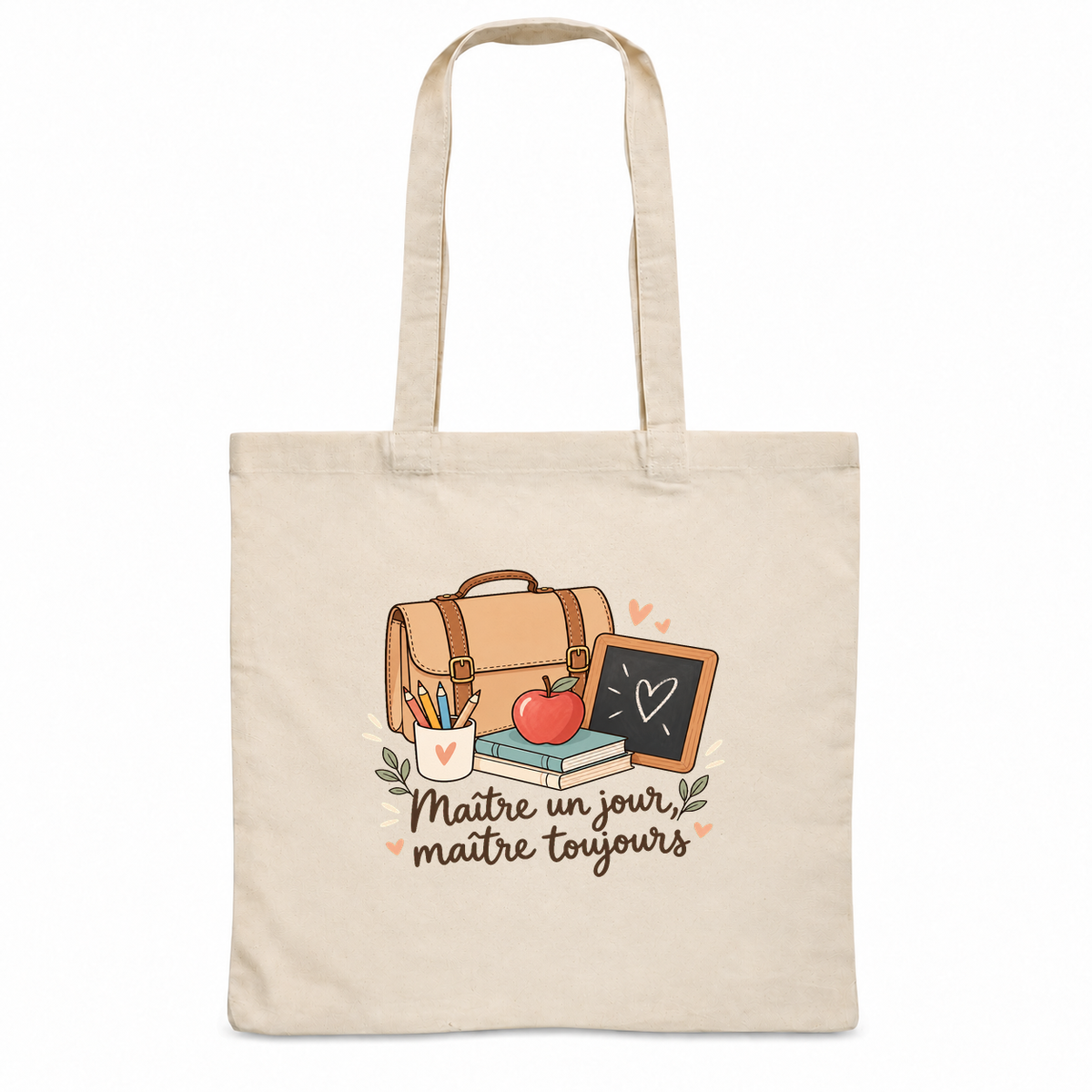 Tote bag maître « Maître un jour, maître toujours » Essentiel, sac plat en coton naturel 140 g/m² de 38 × 42 cm, illustration bohème d'un cartable, de crayons de couleur, d'une pomme et d'une petite ardoise
