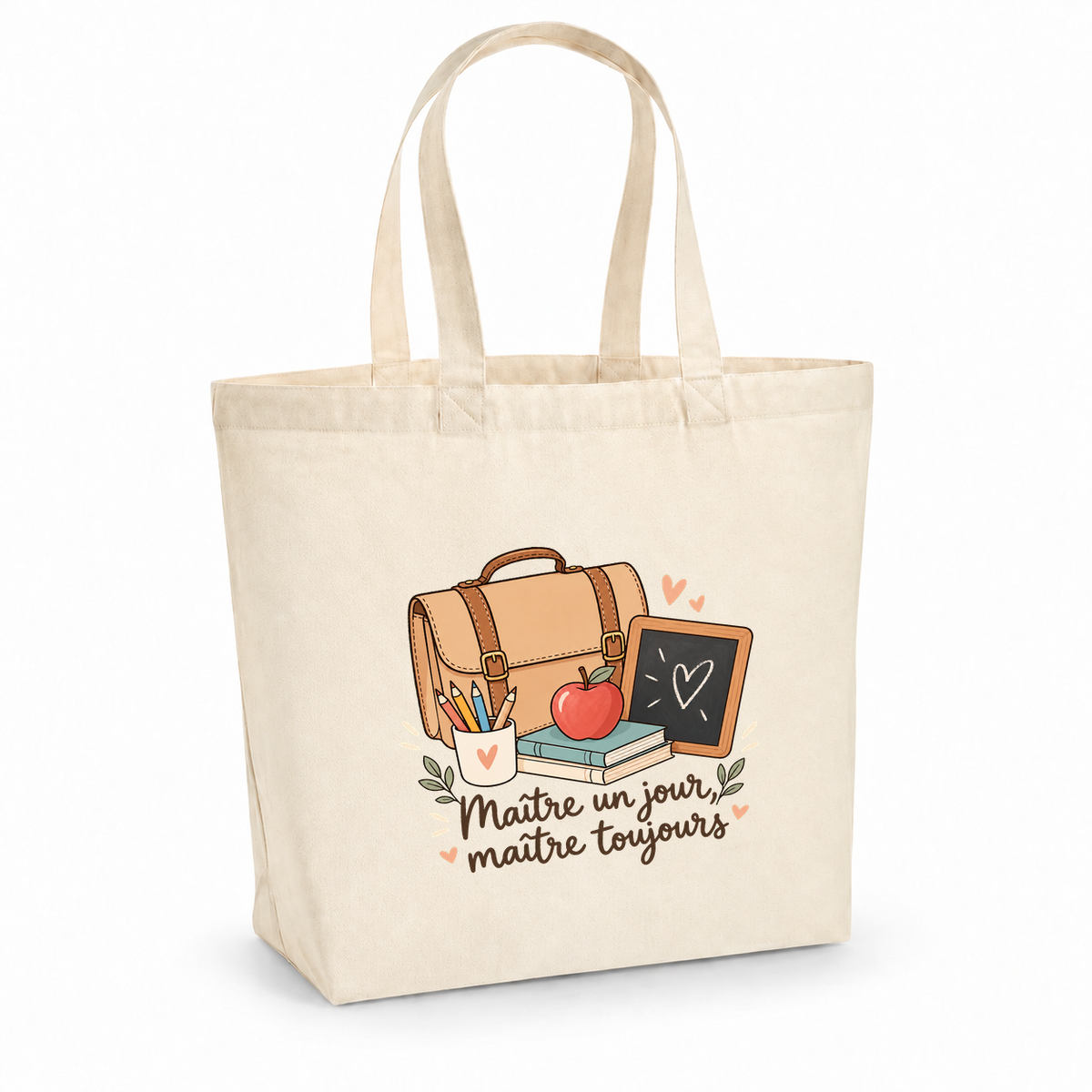 Tote bag maître « Maître un jour, maître toujours » Premium, cabas à soufflet en coton naturel 200 g/m² de 18 litres, illustration bohème d'un cartable, de crayons de couleur, d'une pomme et d'une petite ardoise