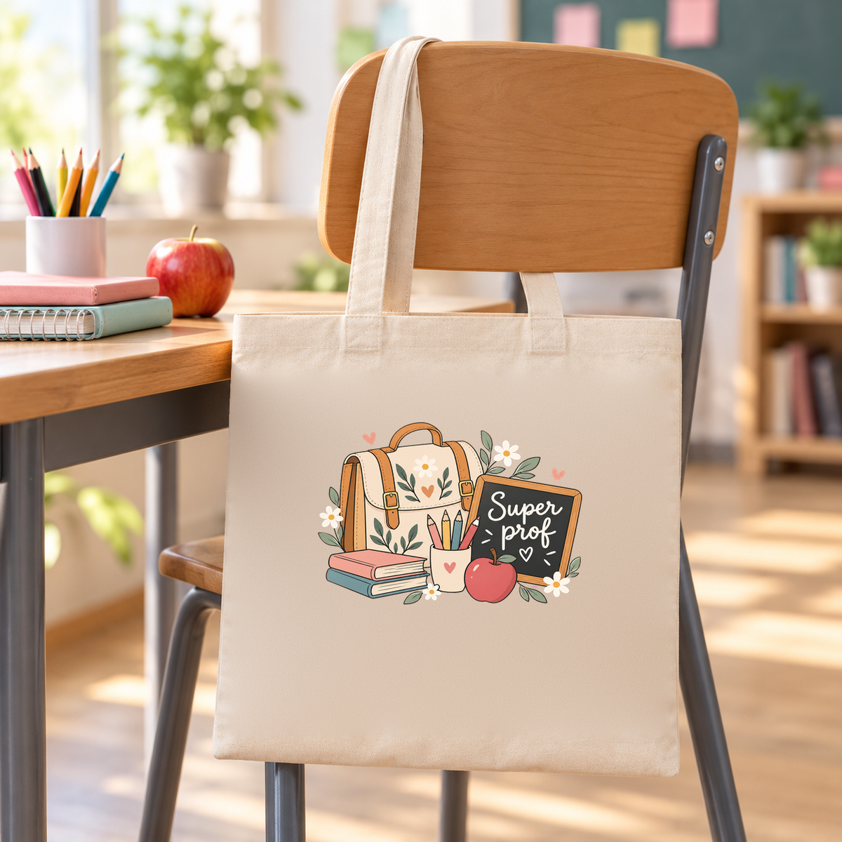 Tote bag professeure « Super prof » Essentiel suspendu à une chaise dans une salle de classe