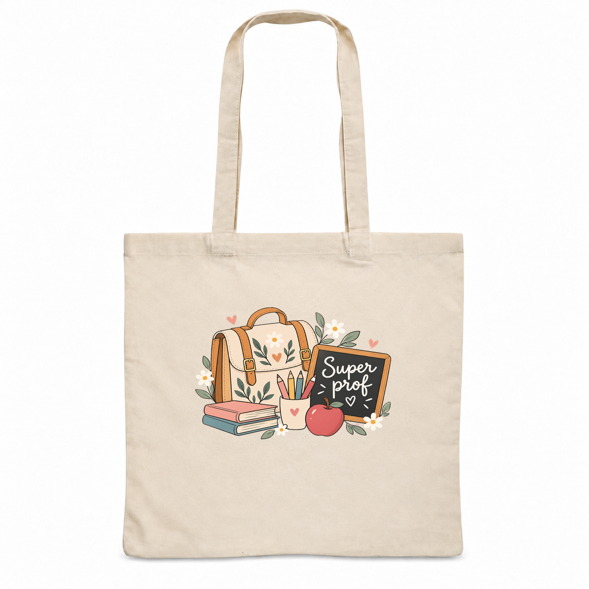 Tote bag professeure « Super prof » Essentiel, sac plat en coton naturel 140 g/m² de 38 × 42 cm, illustration bohème d'un cartable, de crayons de couleur, d'une pomme et d'une petite ardoise
