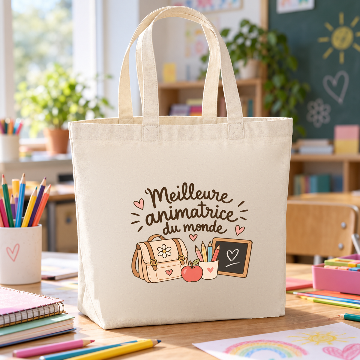 Tote bag animatrice « Meilleure animatrice du monde » Premium posé sur une table d'activités, entre les crayons de couleur et les dessins d'enfants