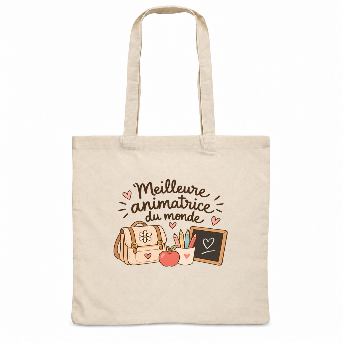 Tote bag animatrice « Meilleure animatrice du monde » Essentiel, sac plat en coton naturel 140 g/m² de 38 × 42 cm, illustration bohème d'un cartable, de crayons de couleur, d'une pomme et d'une petite ardoise