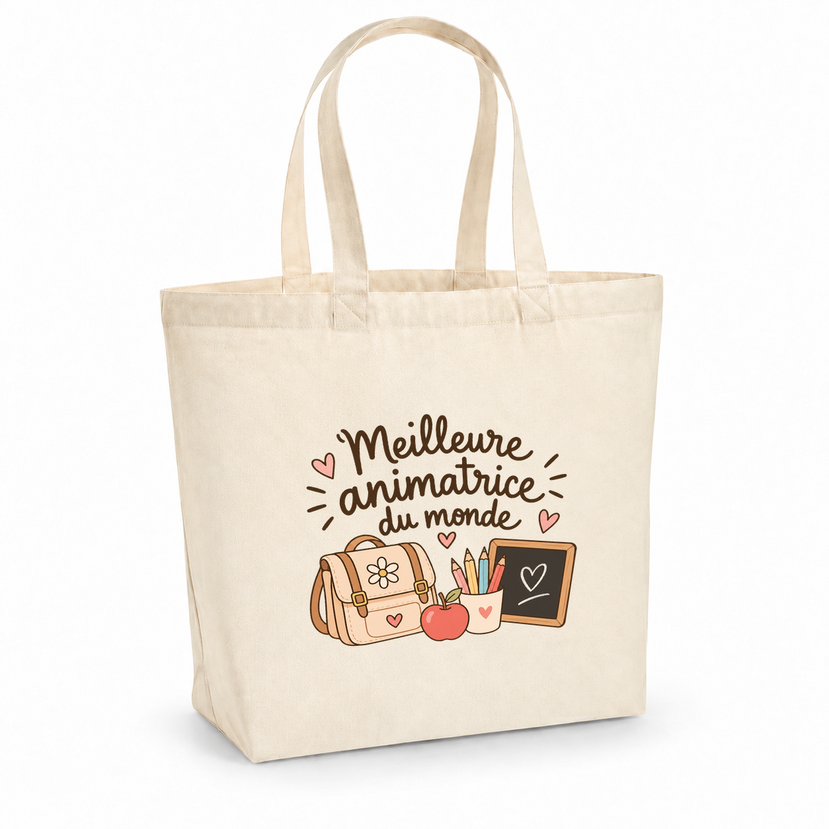 Tote bag animatrice « Meilleure animatrice du monde » Premium, cabas à soufflet en coton naturel 200 g/m² de 18 litres, illustration bohème d'un cartable, de crayons de couleur, d'une pomme et d'une petite ardoise
