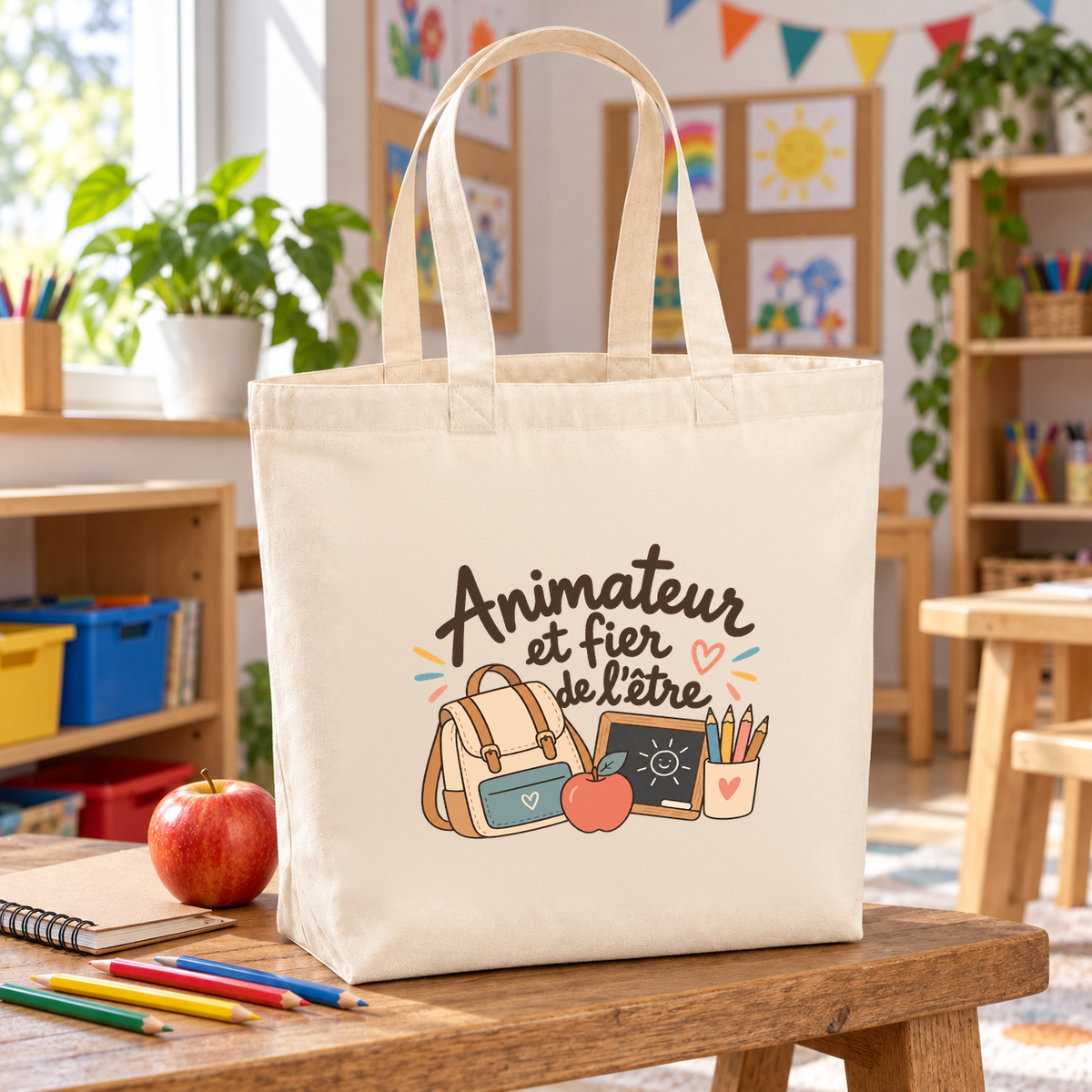 Tote bag animateur « Animateur et fier de l'être » Premium posé sur une table d'activités, à côté d'une pomme et de crayons de couleur