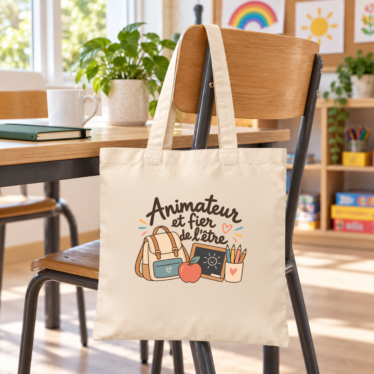 Tote bag animateur « Animateur et fier de l'être » Essentiel suspendu à une chaise dans une salle d'activités