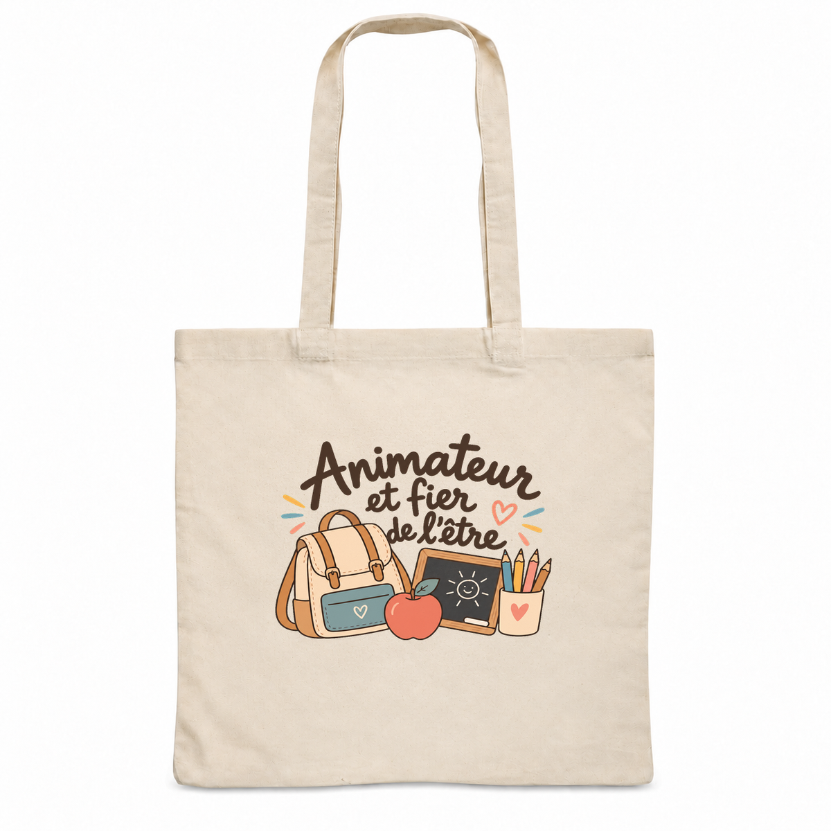 Tote bag animateur « Animateur et fier de l'être » Essentiel, sac plat en coton naturel 140 g/m² de 38 × 42 cm, illustration bohème d'un cartable, de crayons de couleur, d'une pomme et d'une petite ardoise