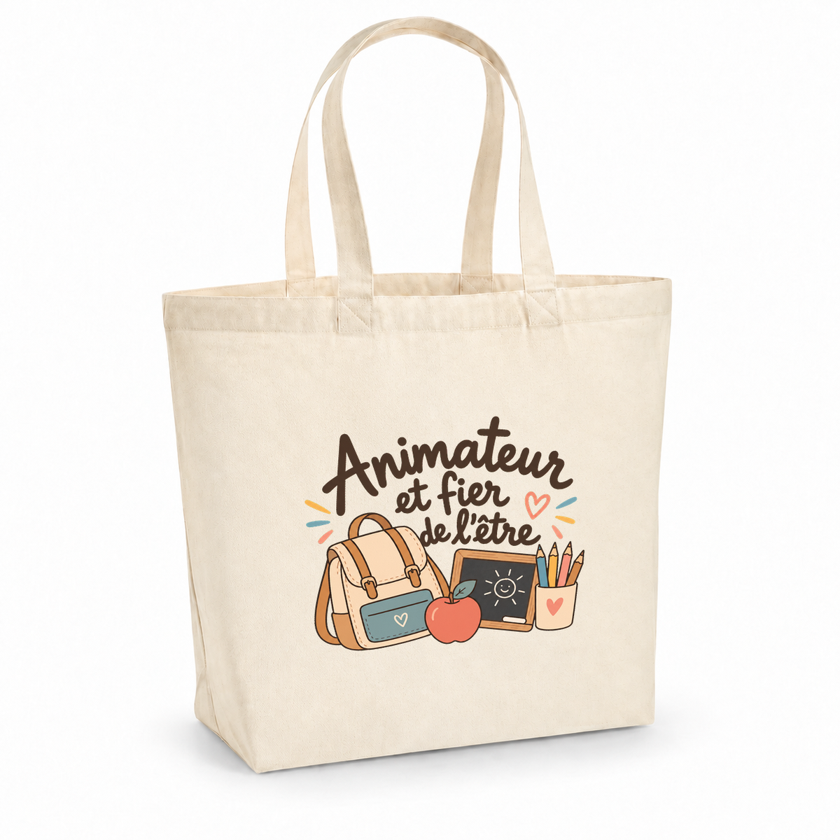Tote bag animateur « Animateur et fier de l'être » Premium, cabas à soufflet en coton naturel 200 g/m² de 18 litres, illustration bohème d'un cartable, de crayons de couleur, d'une pomme et d'une petite ardoise