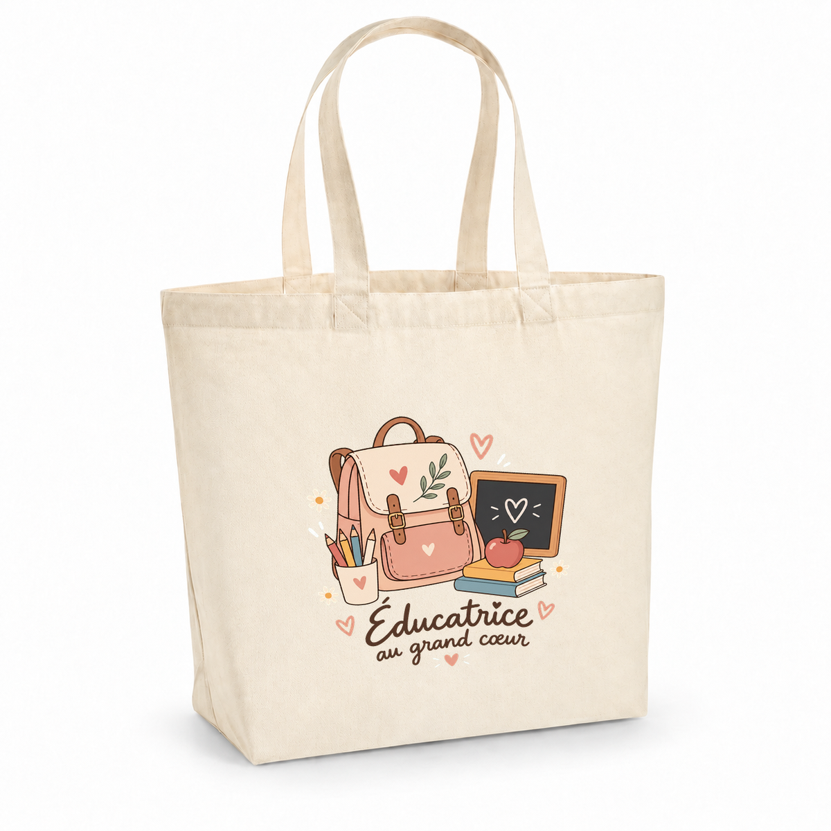 Tote bag éducatrice spécialisée « Éducatrice au grand cœur » Premium, cabas à soufflet en coton naturel 200 g/m² de 18 litres, illustration bohème d'un cartable, de crayons de couleur, d'une pomme et d'une petite ardoise