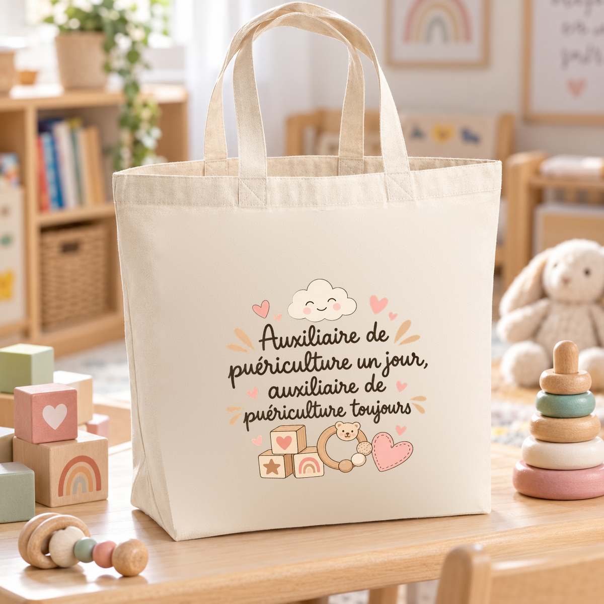 Tote bag auxiliaire de puériculture Premium posé sur une table basse, entre des cubes en bois et un lapin en peluche