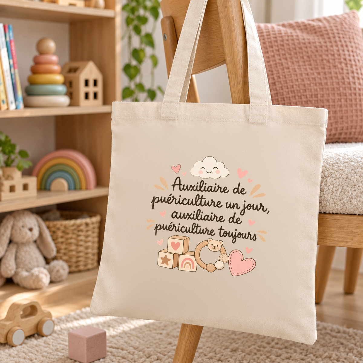 Tote bag auxiliaire de puériculture Essentiel suspendu à une chaise dans une salle de jeux, près d'une pyramide d'anneaux en bois