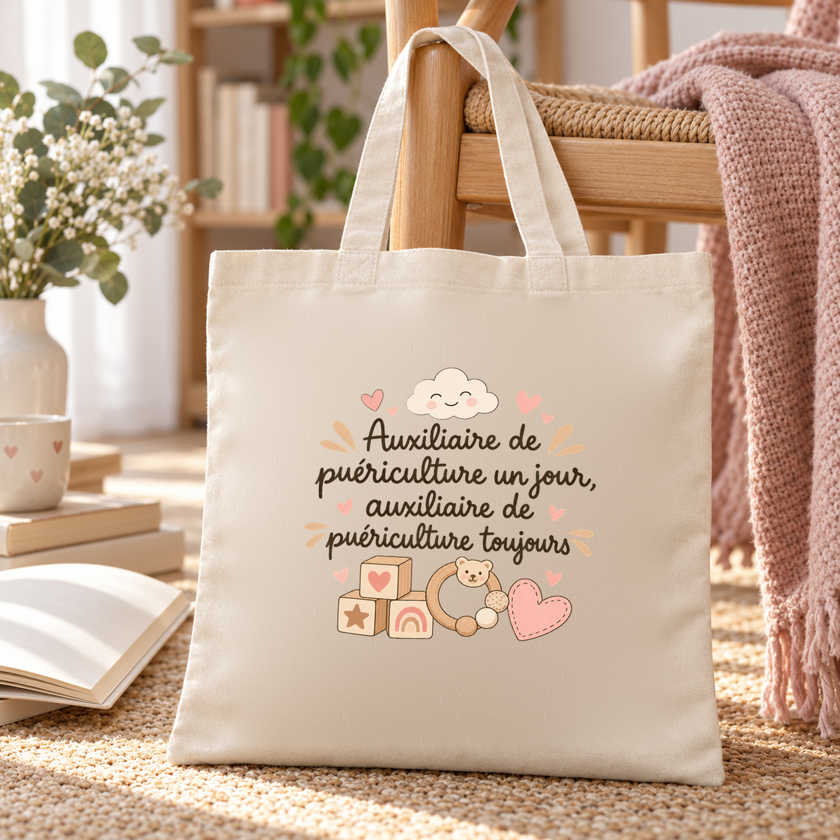 Tote bag auxiliaire de puériculture Essentiel posé dans le coin calme d'une salle de crèche, près d'un plaid rose