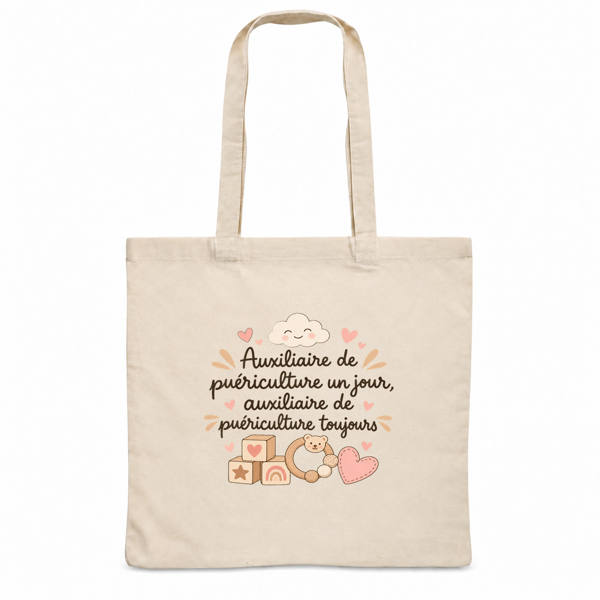 Tote bag auxiliaire de puériculture Essentiel, sac plat en coton naturel 140 g/m² de 38 × 42 cm, illustration bohème de cubes en bois, d'un hochet, d'un petit nuage et de cœurs