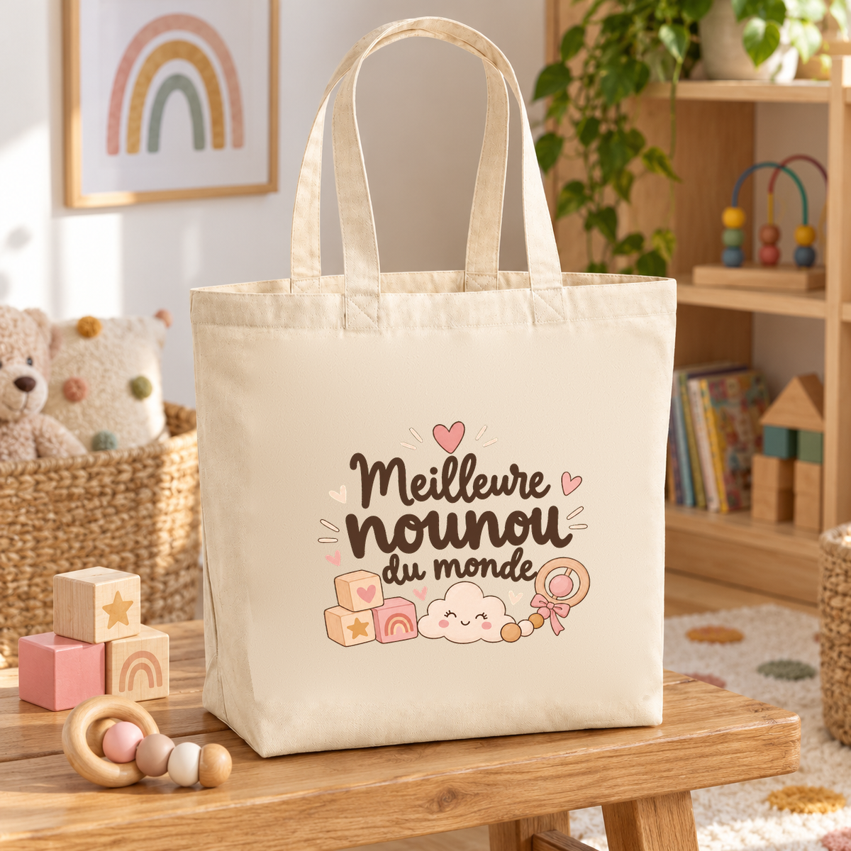 Tote bag nounou « Meilleure nounou du monde » Premium posé sur une table de bois, à côté de cubes et d'un hochet