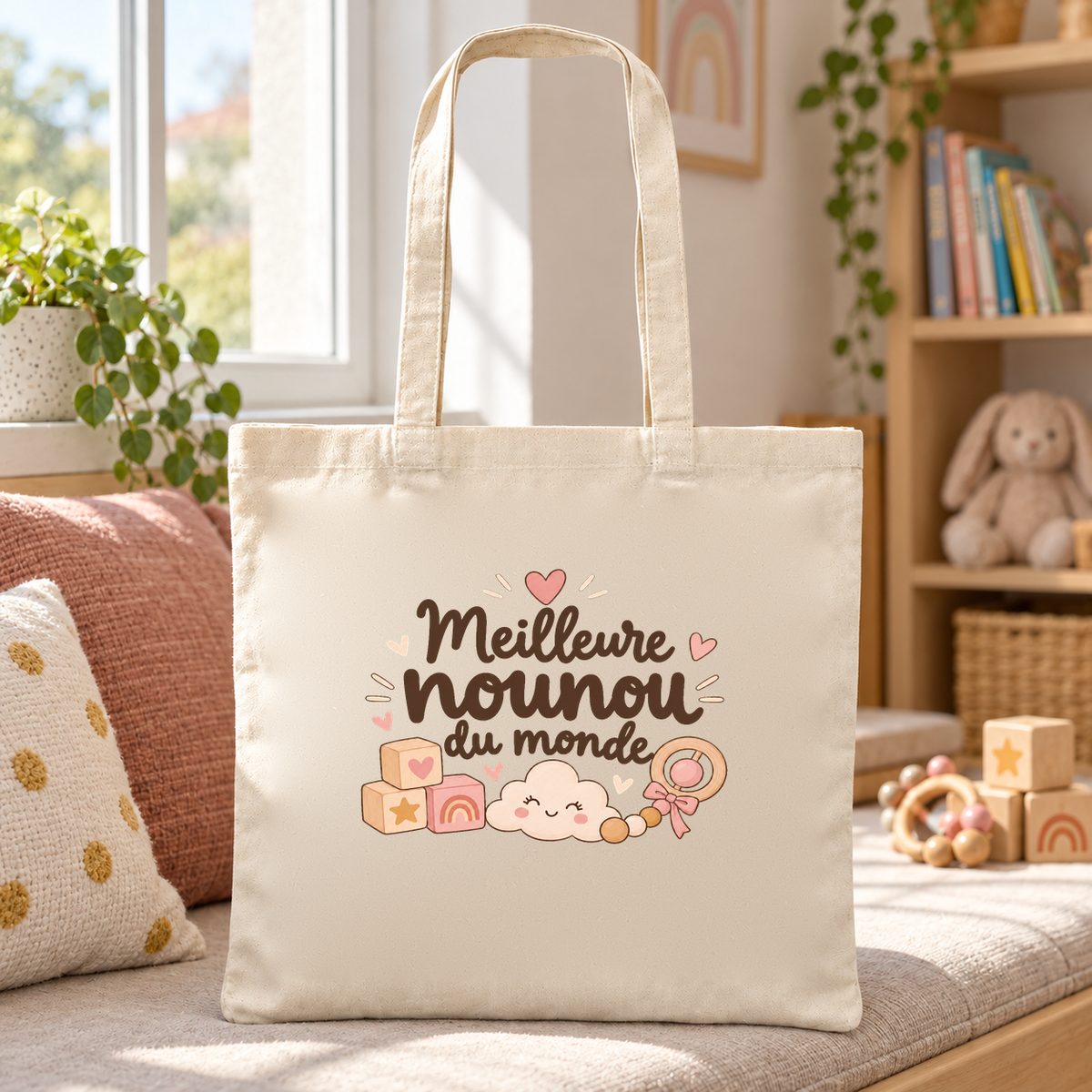 Tote bag nounou « Meilleure nounou du monde » Essentiel posé sur une banquette à coussins, près d'un lapin en peluche