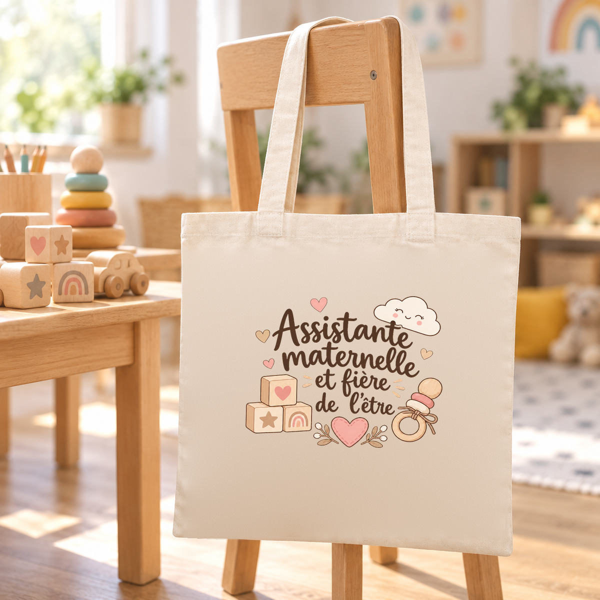 Tote bag assistante maternelle « Assistante maternelle et fière de l'être » Essentiel suspendu à une chaise de bois dans une salle de jeux