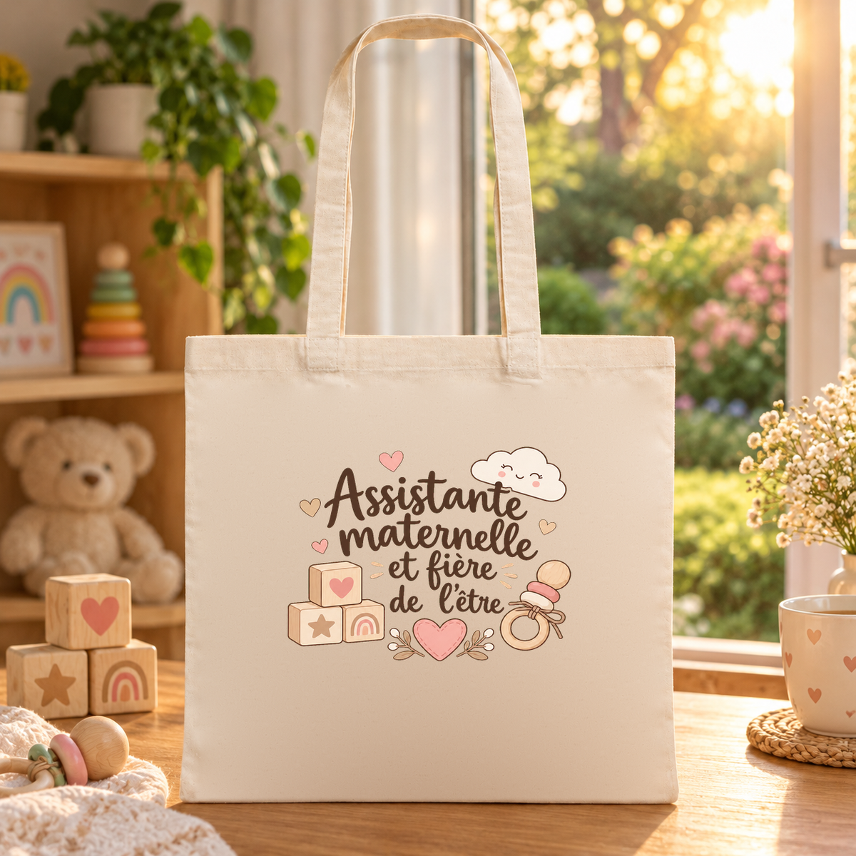 Tote bag assistante maternelle « Assistante maternelle et fière de l'être » Essentiel posé sur une table près d'une fenêtre ouverte sur le jardin, à côté d'un ourson