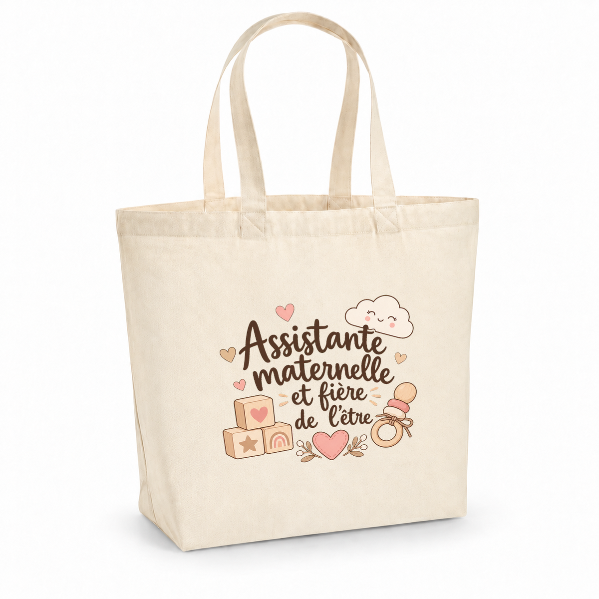 Tote bag assistante maternelle « Assistante maternelle et fière de l'être » Premium, cabas à soufflet en coton naturel 200 g/m² de 18 litres, illustration bohème de cubes en bois, d'un hochet, d'un petit nuage et de cœurs