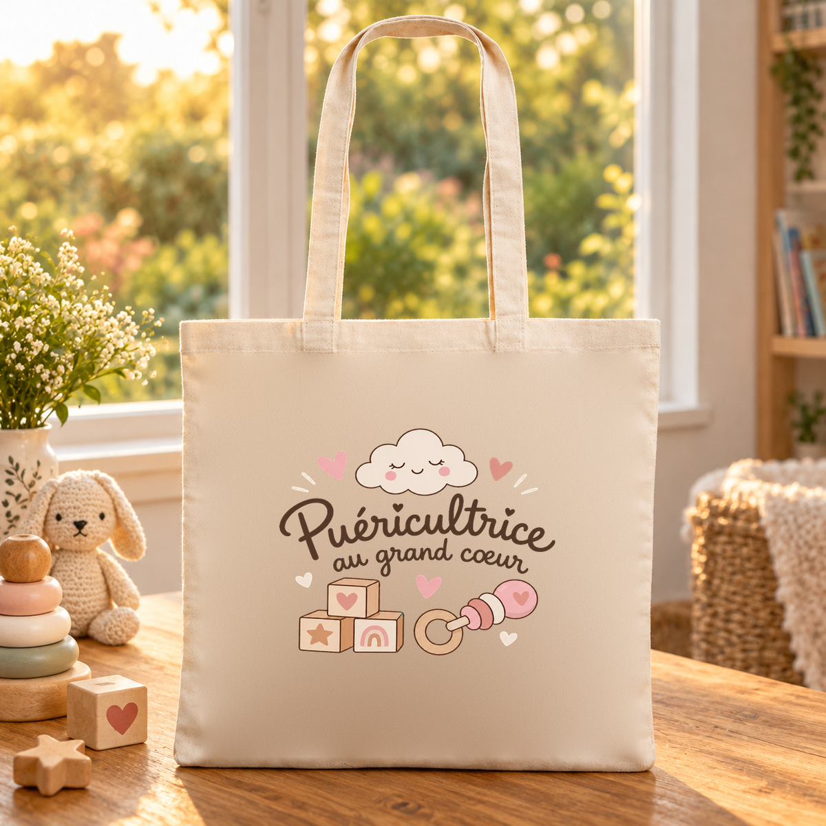 Tote bag puéricultrice « Puéricultrice au grand cœur » Essentiel posé sur une table au soleil, à côté d'un lapin en peluche