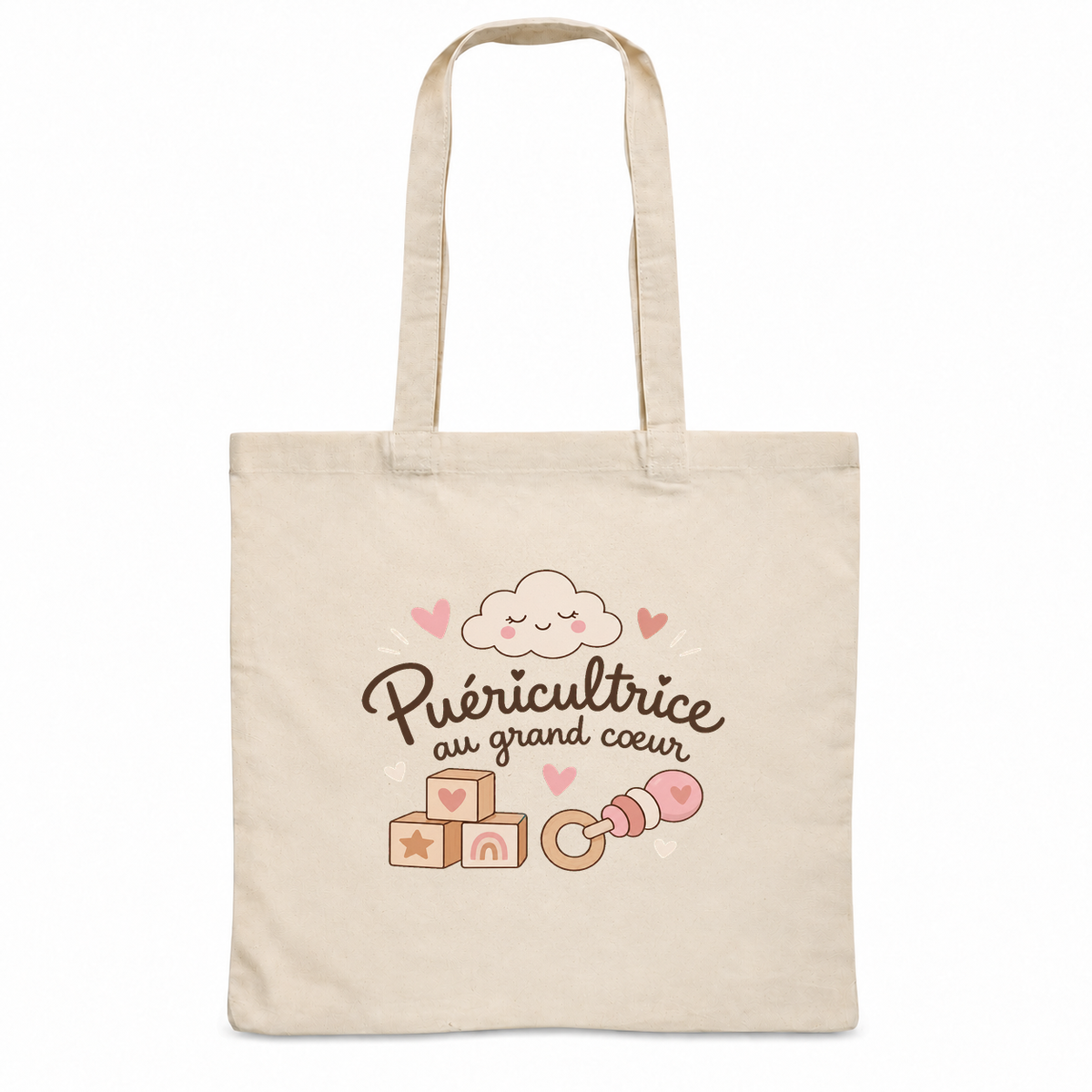 Tote bag puéricultrice « Puéricultrice au grand cœur » Essentiel, sac plat en coton naturel 140 g/m² de 38 × 42 cm, illustration bohème de cubes en bois, d'un hochet, d'un petit nuage et de cœurs