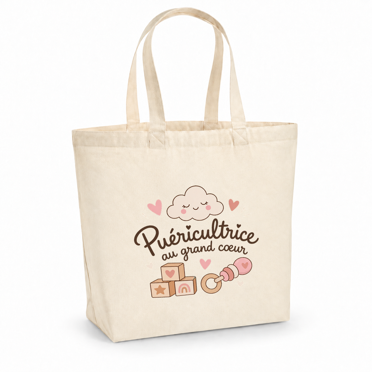 Tote bag puéricultrice « Puéricultrice au grand cœur » Premium, cabas à soufflet en coton naturel 200 g/m² de 18 litres, illustration bohème de cubes en bois, d'un hochet, d'un petit nuage et de cœurs