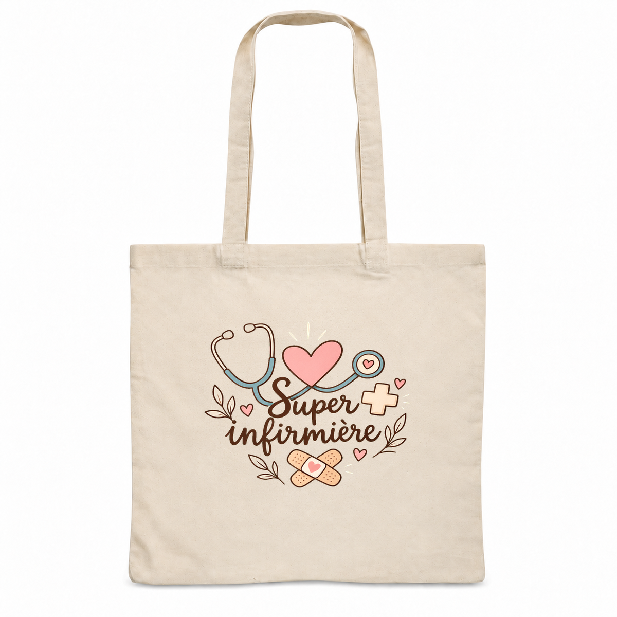 Tote bag infirmière « Super infirmière » Essentiel, sac plat en coton naturel 140 g/m² de 38 × 42 cm, illustration bohème d'un stéthoscope, de cœurs, d'une petite croix et d'un pansement