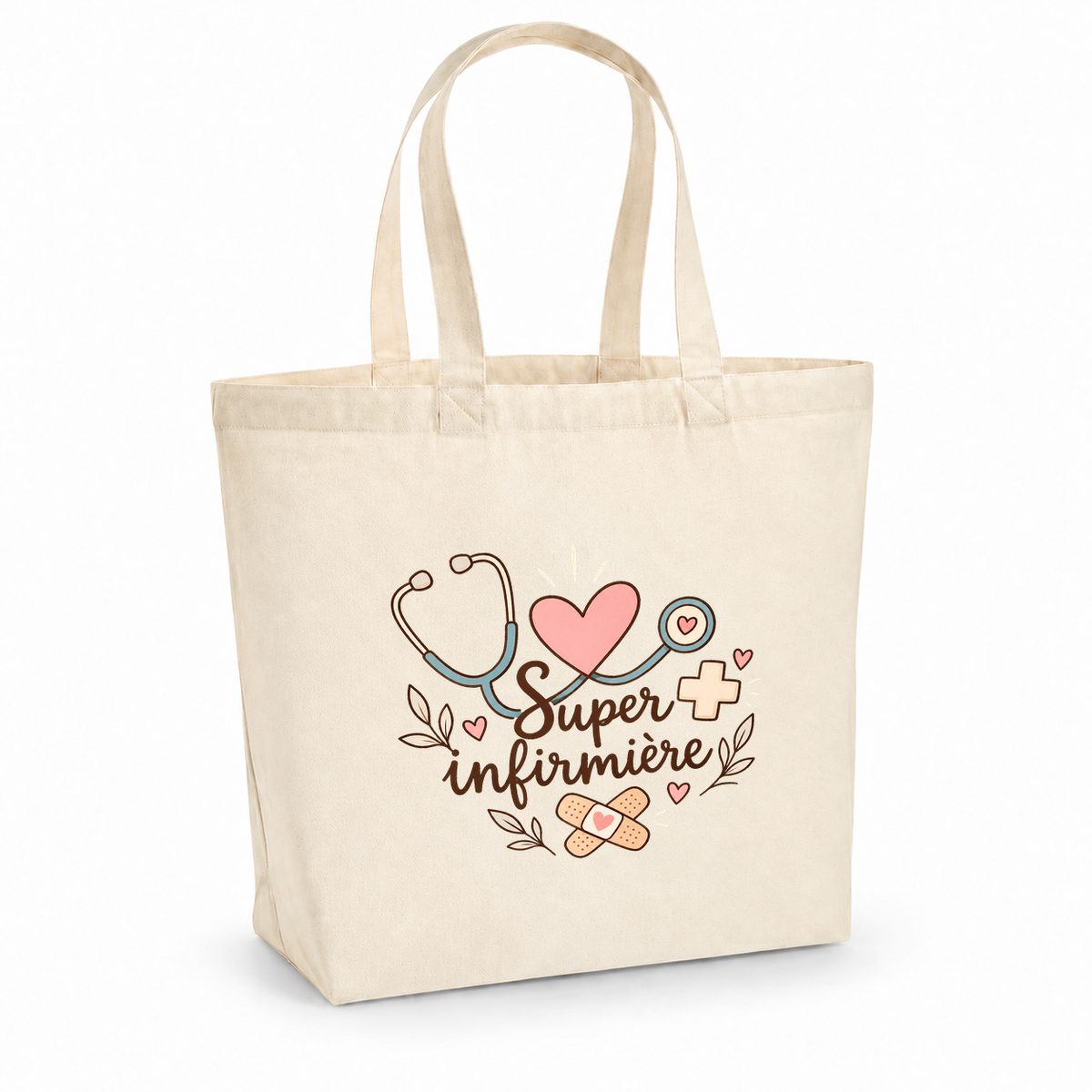 Tote bag infirmière « Super infirmière » Premium, cabas à soufflet en coton naturel 200 g/m² de 18 litres, illustration bohème d'un stéthoscope, de cœurs, d'une petite croix et d'un pansement