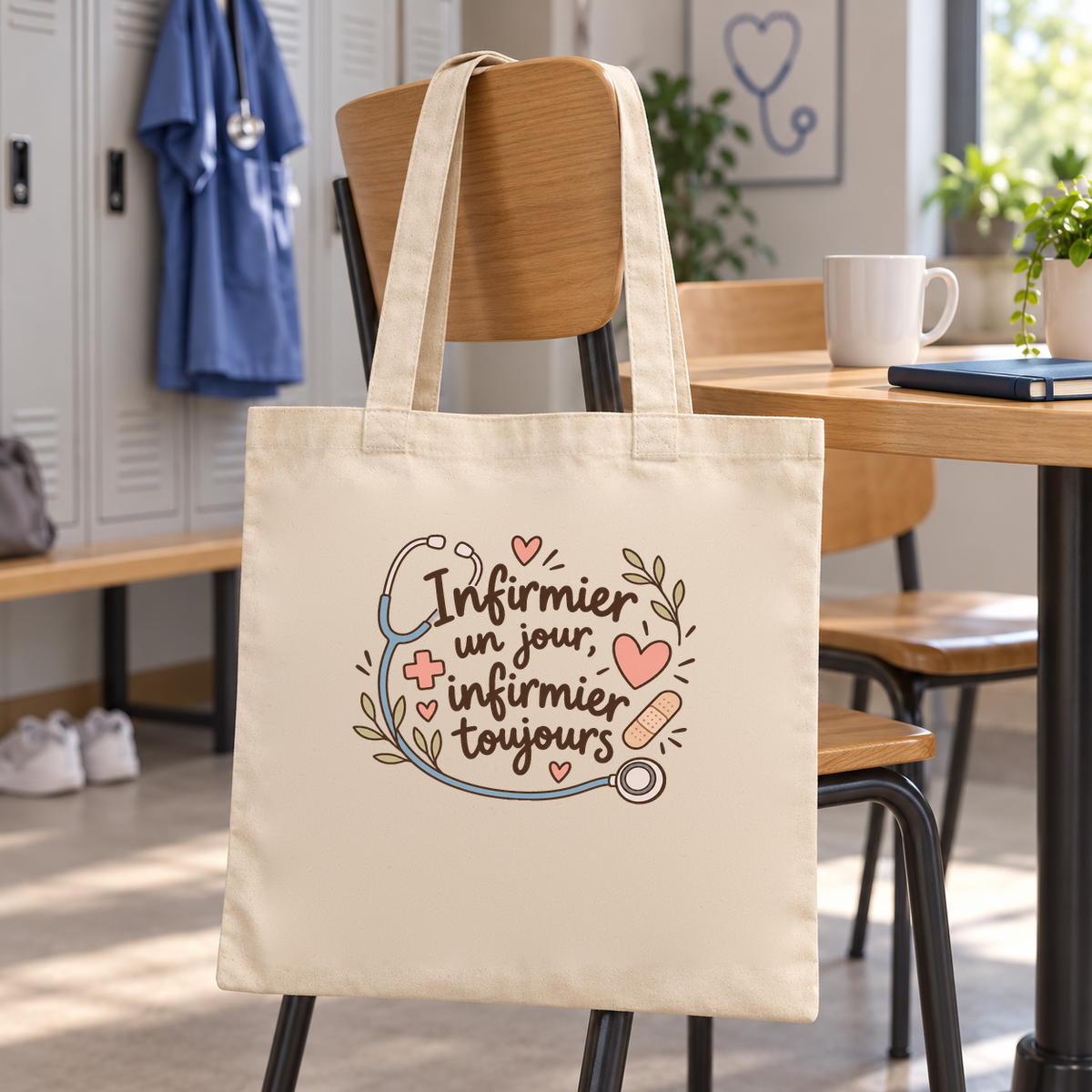 Tote bag infirmier « Infirmier un jour, infirmier toujours » Essentiel suspendu à une chaise dans la salle de pause