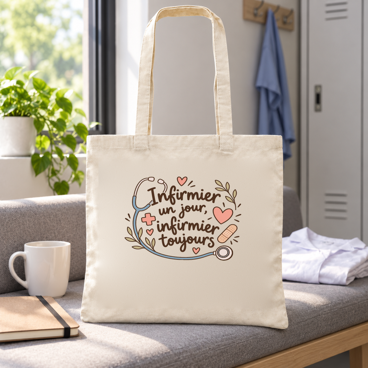 Tote bag infirmier « Infirmier un jour, infirmier toujours » Essentiel posé sur une banquette, à côté d'une blouse pliée et d'un mug