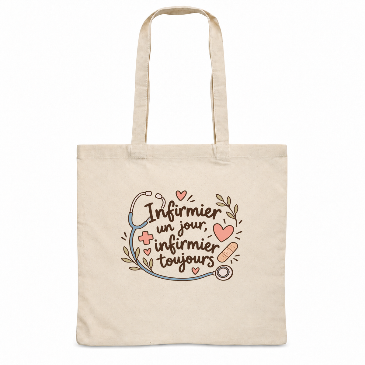 Tote bag infirmier « Infirmier un jour, infirmier toujours » Essentiel, sac plat en coton naturel 140 g/m² de 38 × 42 cm, illustration bohème d'un stéthoscope, de cœurs, d'une petite croix et d'un pansement