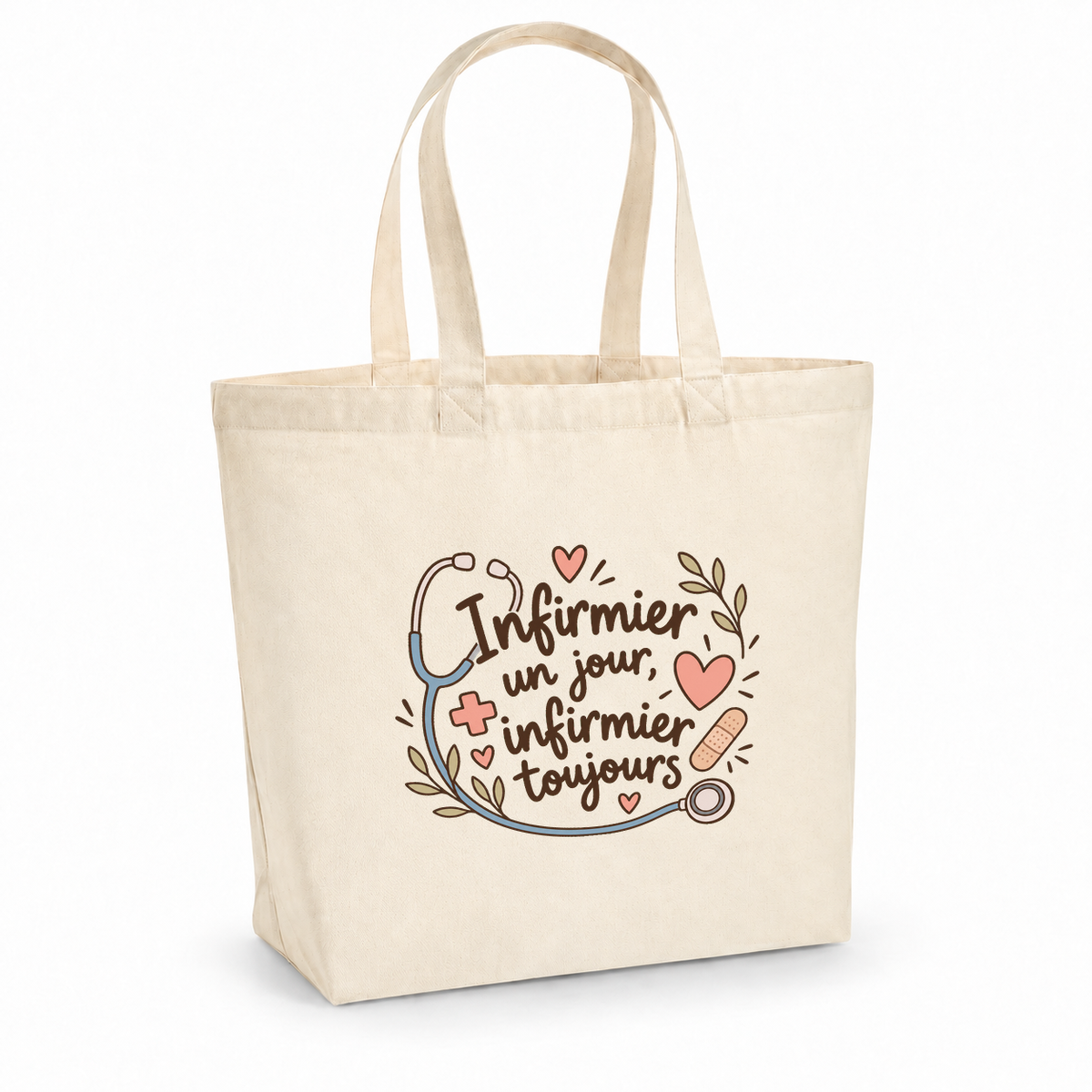 Tote bag infirmier « Infirmier un jour, infirmier toujours » Premium, cabas à soufflet en coton naturel 200 g/m² de 18 litres, illustration bohème d'un stéthoscope, de cœurs, d'une petite croix et d'un pansement