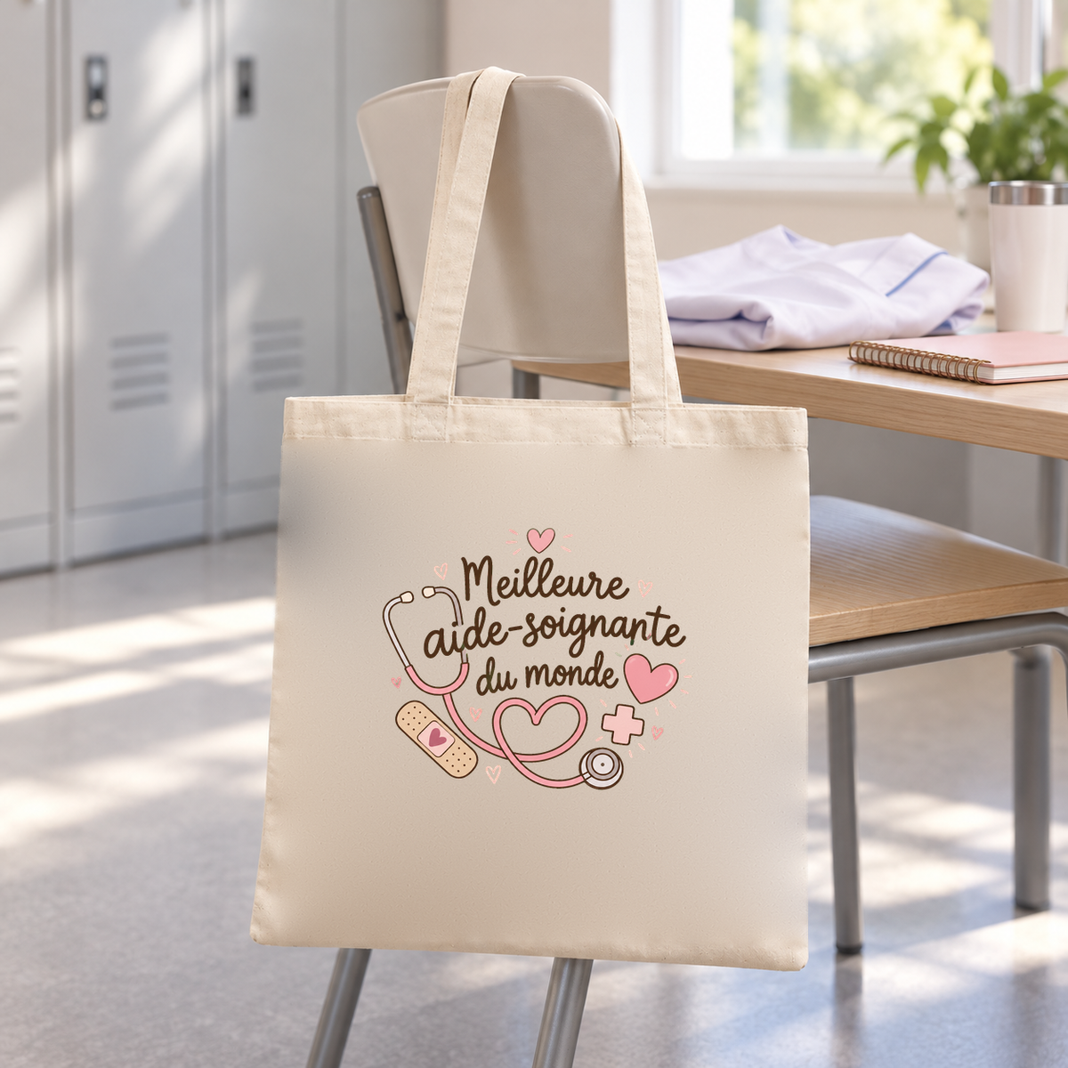 Tote bag aide-soignante « Meilleure aide-soignante du monde » Essentiel suspendu à une chaise dans la salle de pause