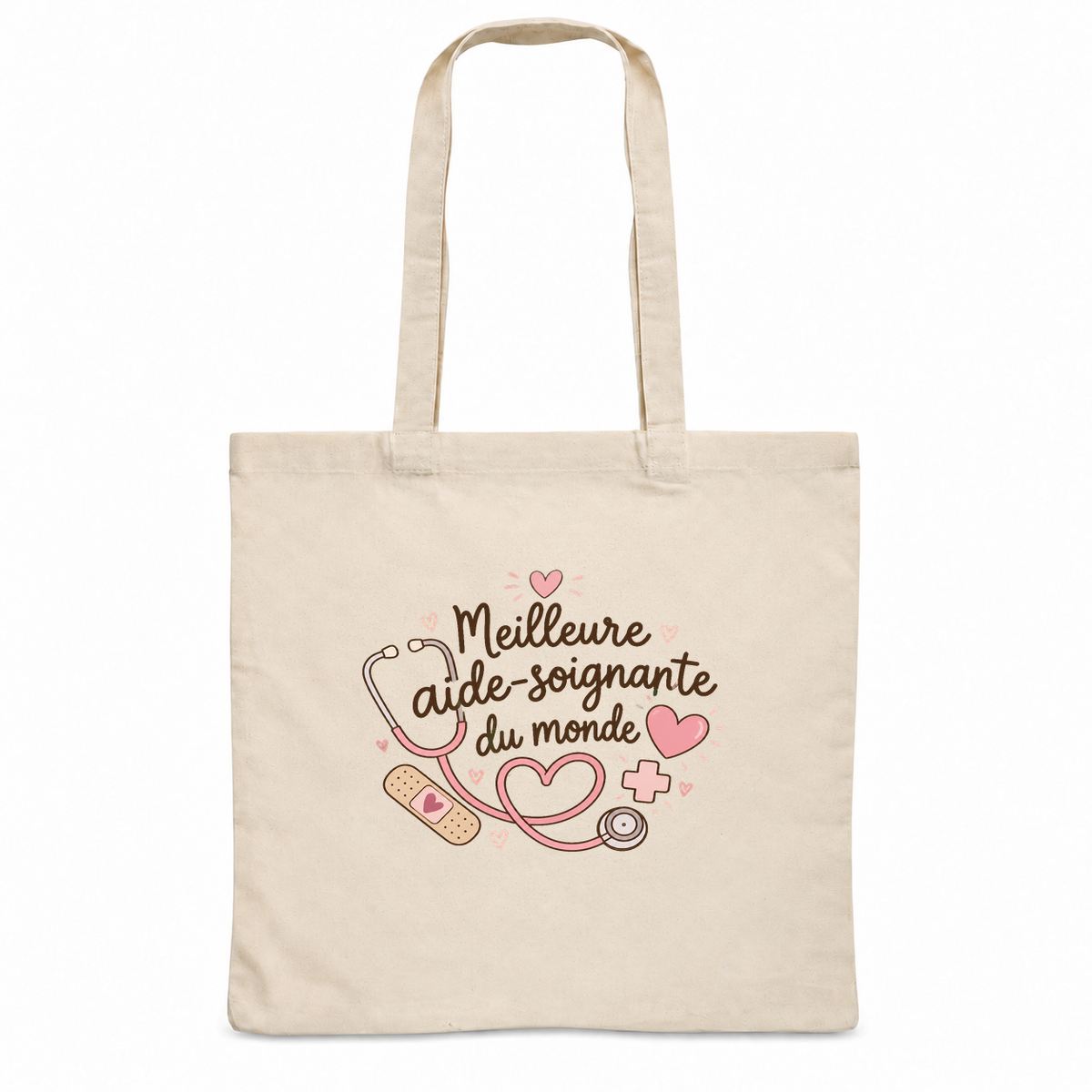 Tote bag aide-soignante « Meilleure aide-soignante du monde » Essentiel, sac plat en coton naturel 140 g/m² de 38 × 42 cm, illustration bohème d'un stéthoscope, de cœurs, d'une petite croix et d'un pansement